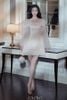 Đầm Ngắn Tay Dài Hoa Văn Trễ Vai LOVELYN