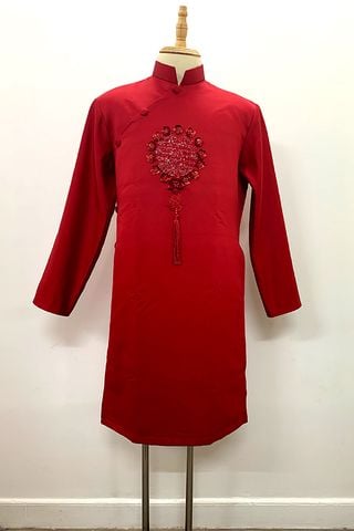 Áo Dài Cách Tân Nam Thêu Họa Tiết Đỏ MINCOS