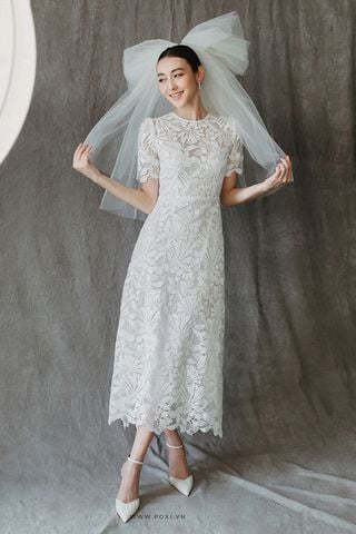 Đầm Cưới Midi Họa Tiết Tay Ngắn POXI