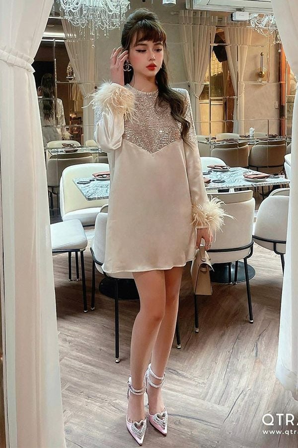 Đầm Ngắn Tay Dài Đính Lông Ánh Kim QTRAN