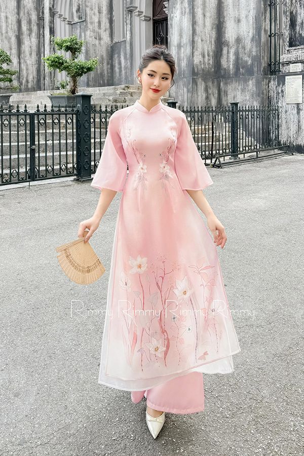 Áo Dài Cách Tân Tay Lửng Hoa Văn RIMMY