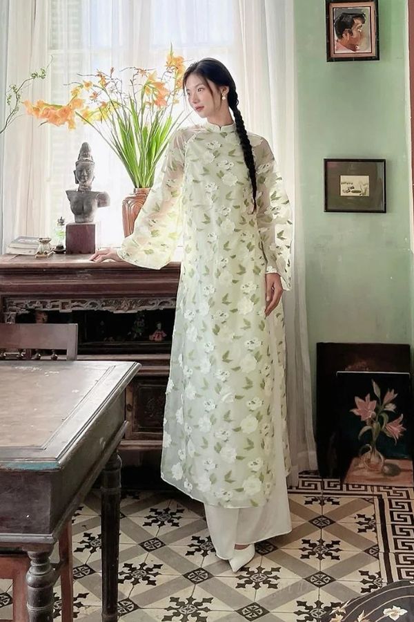 Áo Dài Cách Tân Tay Dài Thêu Hoa XÉO XỌ