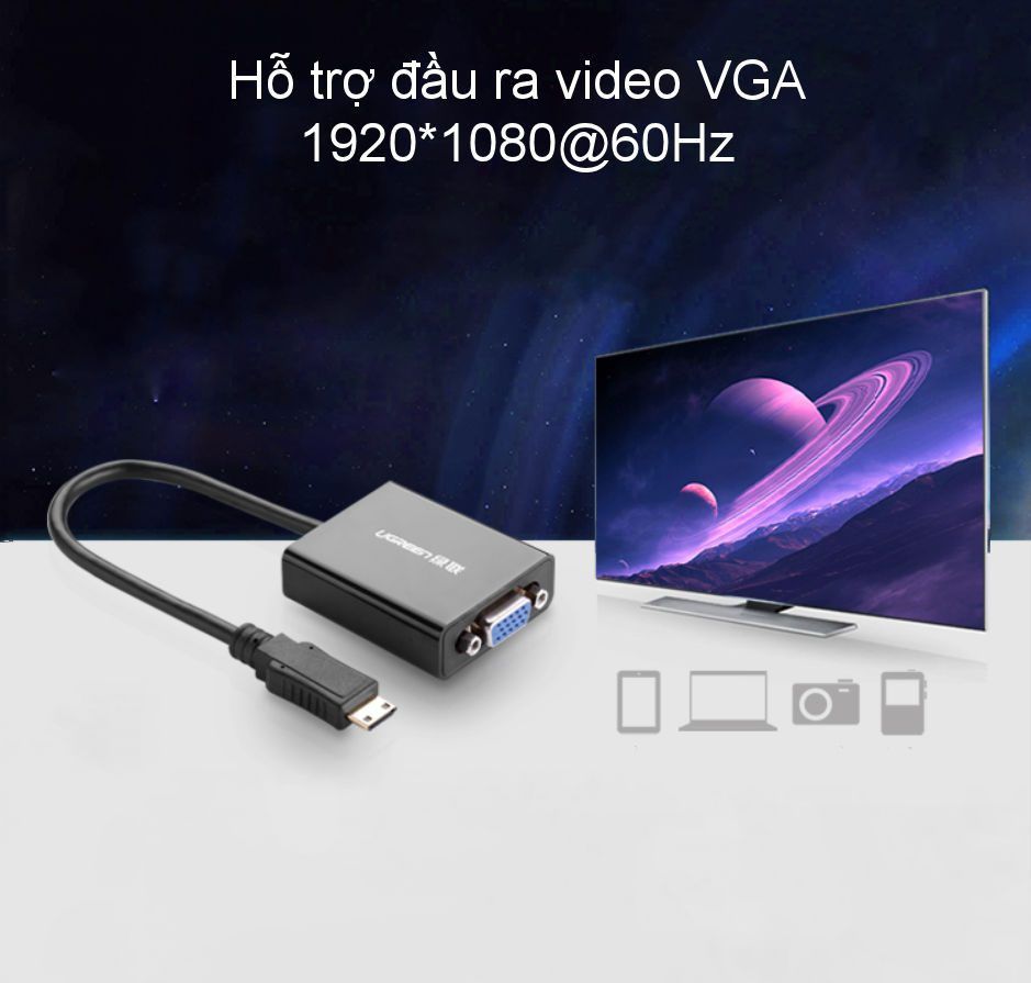 Cáp chuyển Mini HDMI sang VGA + Audio 3.5mm UGREEN MM112 – Hỗ trợ phân giải 1920*1080@60Hz – Bảo hành 18 tháng