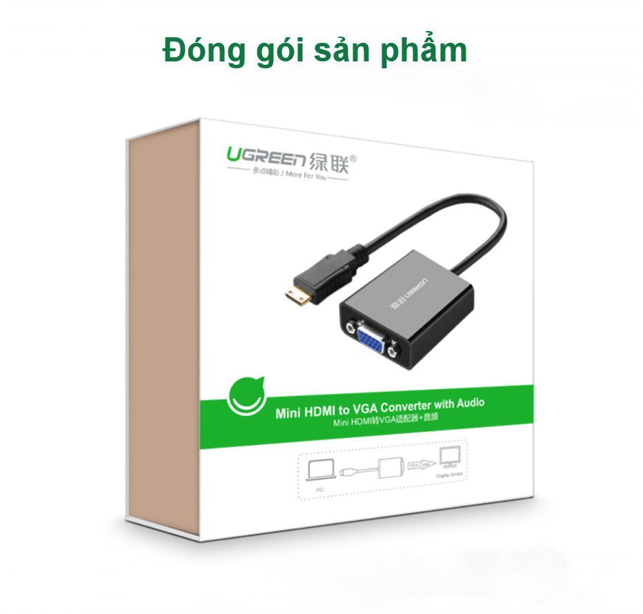 Cáp chuyển Mini HDMI sang VGA + Audio 3.5mm UGREEN MM112 – Hỗ trợ phân giải 1920*1080@60Hz – Bảo hành 18 tháng