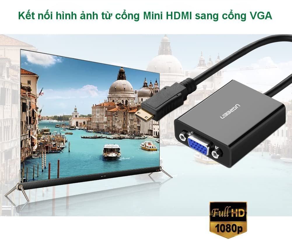 Cáp chuyển Mini HDMI sang VGA + Audio 3.5mm UGREEN MM112 – Hỗ trợ phân giải 1920*1080@60Hz – Bảo hành 18 tháng