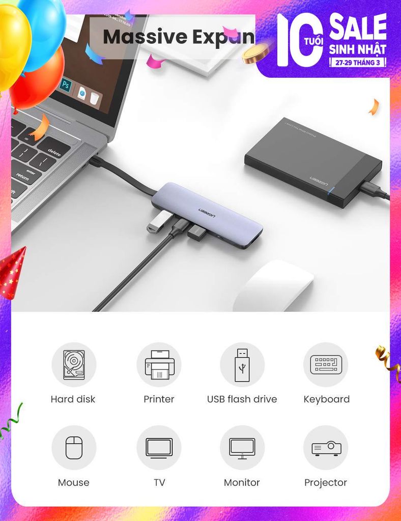 Hub Type C chuyển đổi USB-C ra 1xHDMI, 3xUSB 3.0, 1xUSB-C Ugreen 70408