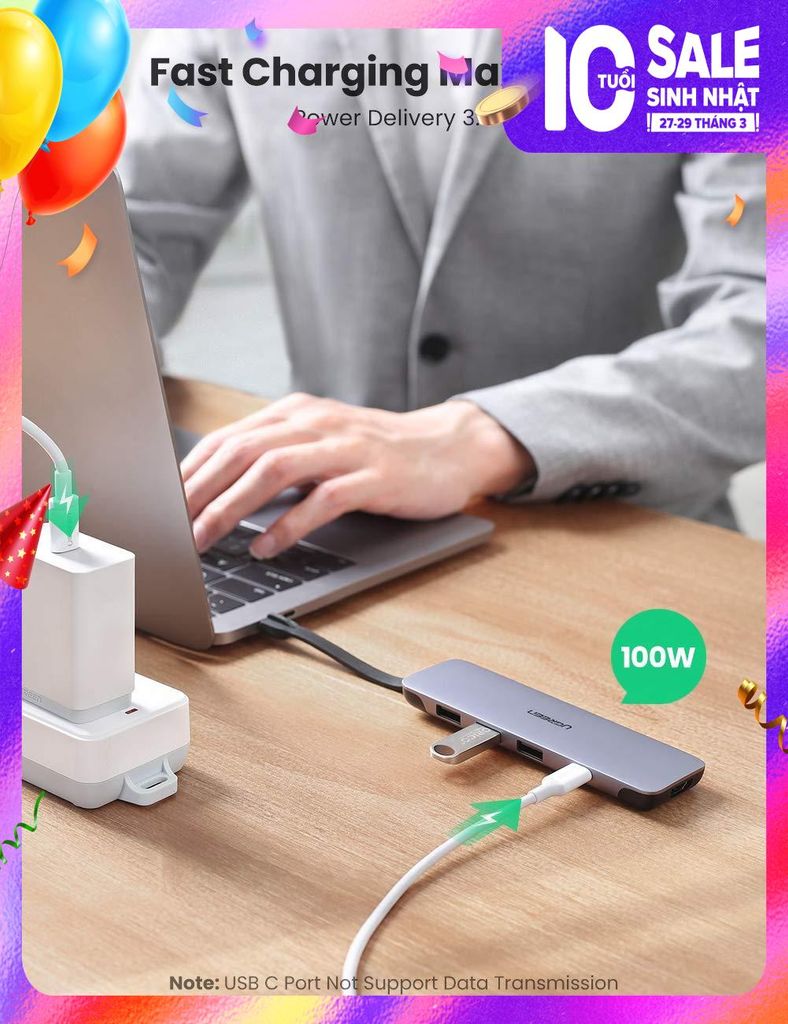 Hub Type C chuyển đổi USB-C ra 1xHDMI, 3xUSB 3.0, 1xUSB-C Ugreen 70408