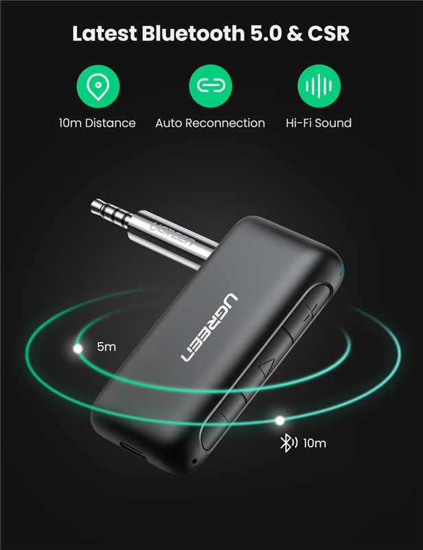Bộ thu Bluetooth 5.0 UGREEN CM276 – Truyền tải chất lượng âm thanh Hifi – Chân cắm 3.5mm cho xe hơi – Tuổi thọ pin lên đến 300 giờ