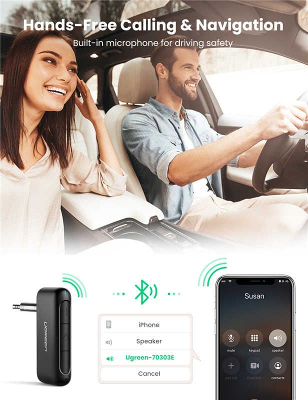 Bộ thu Bluetooth 5.0 UGREEN CM276 – Truyền tải chất lượng âm thanh Hifi – Chân cắm 3.5mm cho xe hơi – Tuổi thọ pin lên đến 300 giờ