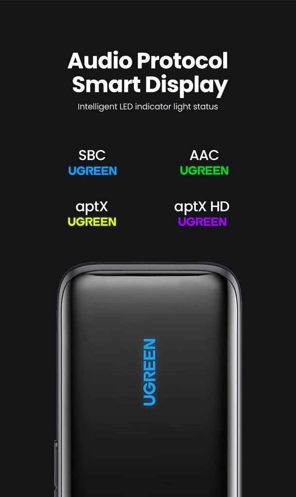 Bộ thu Bluetooth 5.0 UGREEN CM402 – Hỗ trợ âm thanh Hifi, Pin 400mAh cho 10h giờ sử dụng – Tính năng kết nối NFC