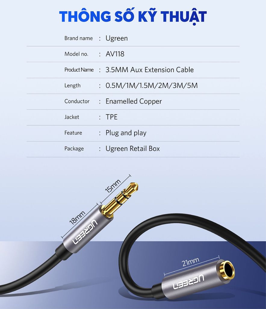 Dây cáp nối dài 3.5mm UGREEN AV118 hỗ trợ Mic dây bện, đầu mạ vàng