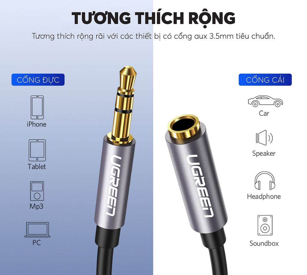 Dây cáp nối dài 3.5mm UGREEN AV118 hỗ trợ Mic dây bện, đầu mạ vàng