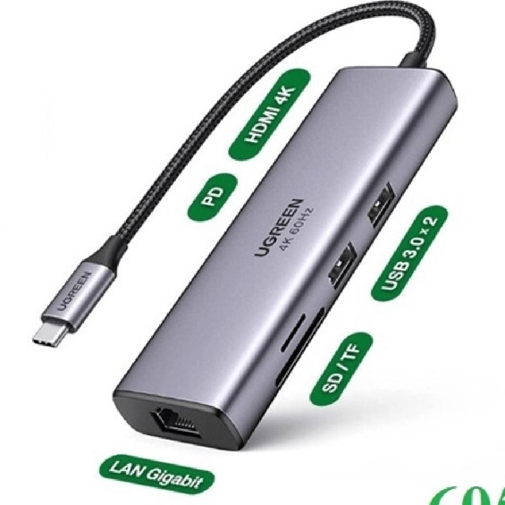 Bộ chuyển đổi Type C UGREEN 60515  2xUSB 3.0, HDMI, RJ45, SD, TF + PD