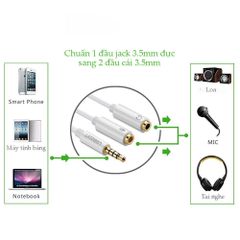 Dây chuyển đổi 3.5mm đực sang hai đầu 3.5mm cái (Hỗ trợ cùng lúc Mic + Tai nghe) vỏ nhựa ABS dài 20CM UGREEN AV141