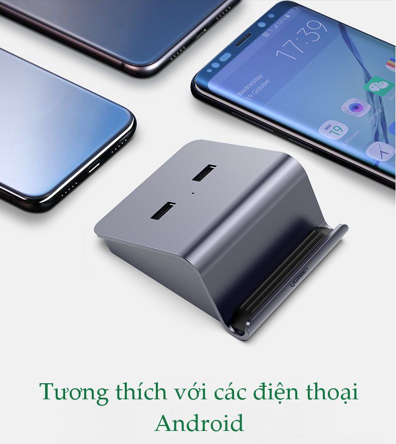 Bộ chia cổng USB 2.0 UGREEN CM214 Chia 2 cổng USB 2.0 hỗ trợ chức năng otg – Kèm giá đỡ điện thoại