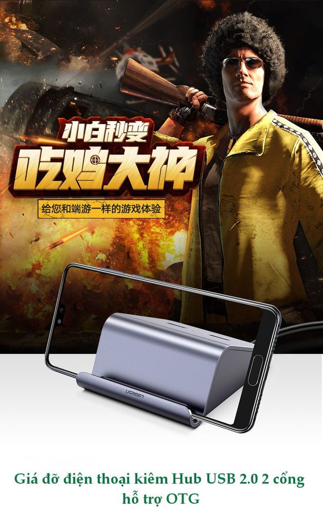 Bộ chia cổng USB 2.0 UGREEN CM214 Chia 2 cổng USB 2.0 hỗ trợ chức năng otg – Kèm giá đỡ điện thoại