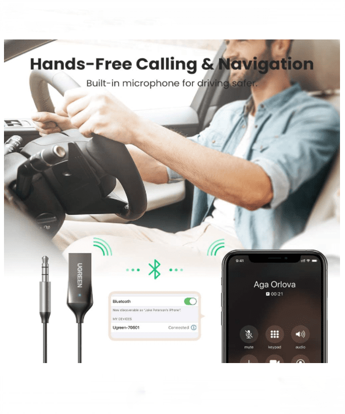 Bộ thu Bluetooth 5.0 UGREEN CM309 – Tích hợp mic đàm thoại trên ô tô –  Kết nối đồng thời 2 thiết bị hỗ trợ nghe và gọi