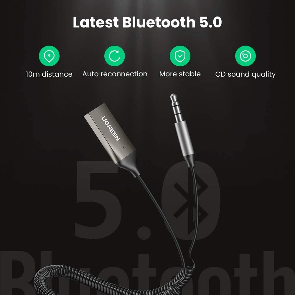 Bộ thu Bluetooth 5.0 UGREEN CM309 – Tích hợp mic đàm thoại trên ô tô –  Kết nối đồng thời 2 thiết bị hỗ trợ nghe và gọi