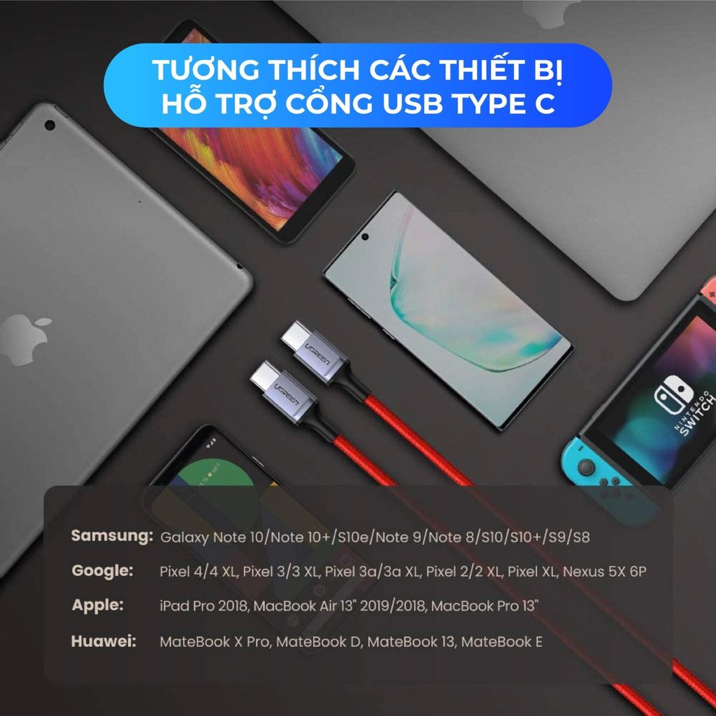 Cáp sạc nhanh Type C  UGREEN US296 – Truyền dữ liệu tốc độ cao – Sạc nhanh PD60W,dòng tối đa 3A – Dây bện nylon chống rối
