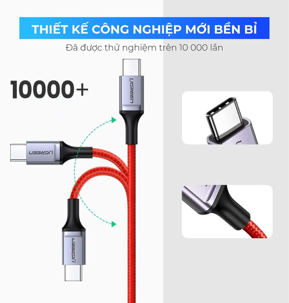 Cáp sạc nhanh Type C  UGREEN US296 – Truyền dữ liệu tốc độ cao – Sạc nhanh PD60W,dòng tối đa 3A – Dây bện nylon chống rối