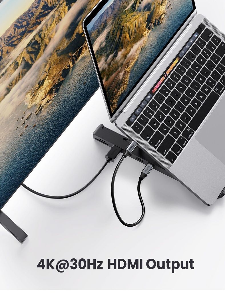 Giá đỡ laptop UGREEN 80551 tích hợp HUB chia cổng HDMI 4K, thẻ SD/TF, USB3.0, USB-C