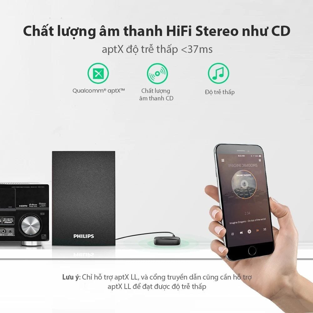 Bộ nhận âm thanh Bluetooth 5.0 UGREEN CM279 Hỗ trợ chuẩn âm thanh APTX – Độ trễ thấp, có micro hỗ trợ đàm thoại – Pin hoạt động 10 giờ liên tục