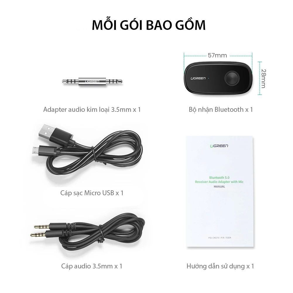 Bộ nhận âm thanh Bluetooth 5.0 UGREEN CM279 Hỗ trợ chuẩn âm thanh APTX – Độ trễ thấp, có micro hỗ trợ đàm thoại – Pin hoạt động 10 giờ liên tục