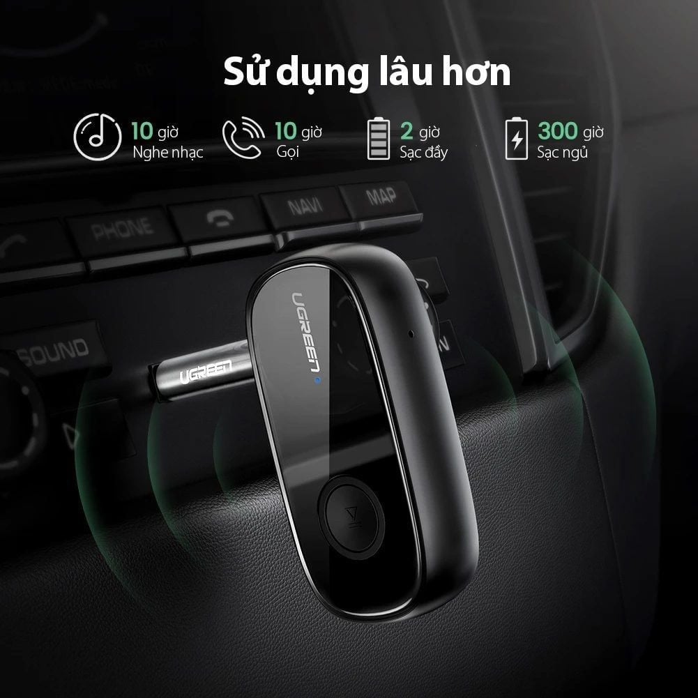 Bộ nhận âm thanh Bluetooth 5.0 UGREEN CM279 Hỗ trợ chuẩn âm thanh APTX – Độ trễ thấp, có micro hỗ trợ đàm thoại – Pin hoạt động 10 giờ liên tục