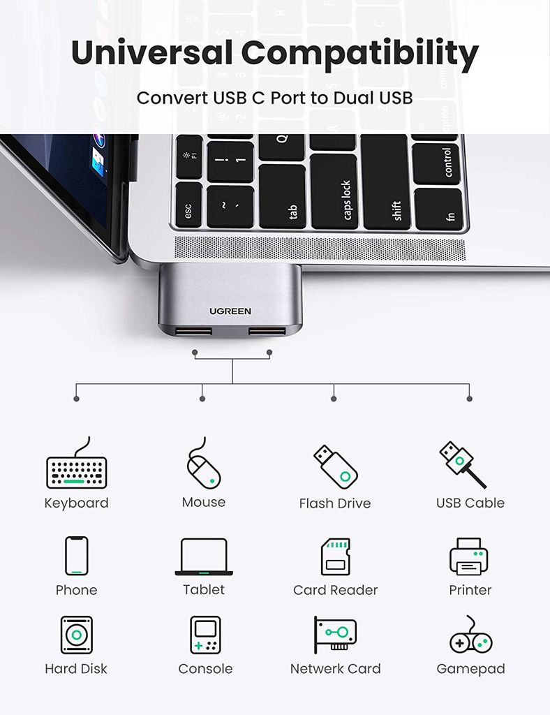 Đầu chuyển Type C sang 2 cổng USB3.0 UGREEN CM412 – Tốc độ truyền 5Gbps – Khả năng tương thích rộng, vỏ hợp kim tản nhiệt tốt