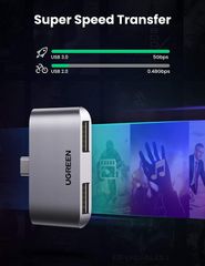 Đầu chuyển Type C sang 2 cổng USB3.0 UGREEN CM412 – Tốc độ truyền 5Gbps – Khả năng tương thích rộng, vỏ hợp kim tản nhiệt tốt
