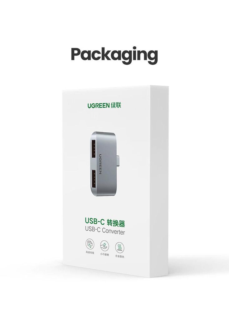 Đầu chuyển Type C sang 2 cổng USB3.0 UGREEN CM412 – Tốc độ truyền 5Gbps – Khả năng tương thích rộng, vỏ hợp kim tản nhiệt tốt