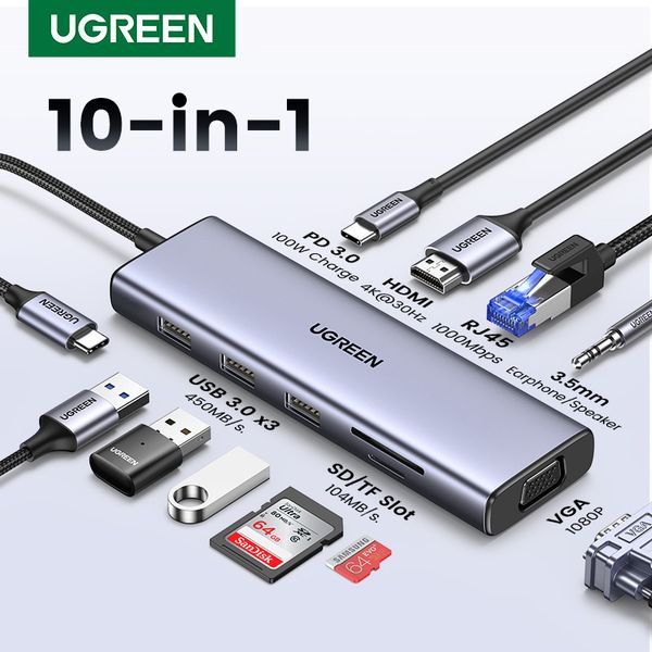 Hub USB Type-C 10 trong 1 ra HDMI, VGA, USB, Lan 1Gbps, 3.5mm, SD/TF, Sạc PD 100W Ugreen CM498/ 15601/  15600