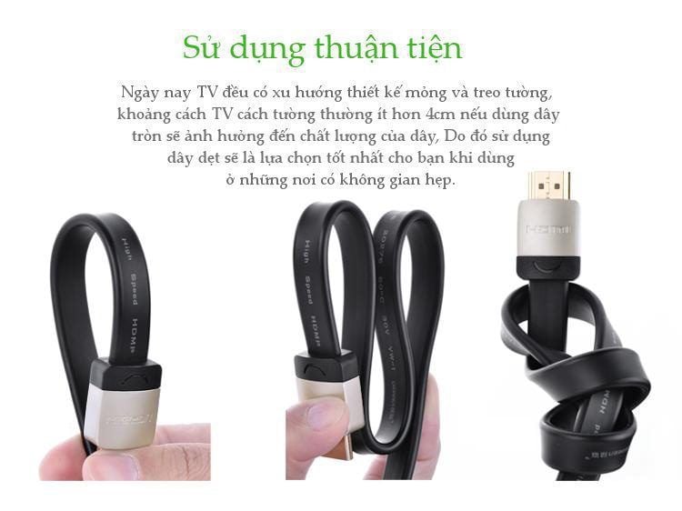 Cáp HDMI UGREEN HD122 -Dây dạng dây dẹt hỗ trợ 2K*4K hình ảnh 3D dài 1-5M