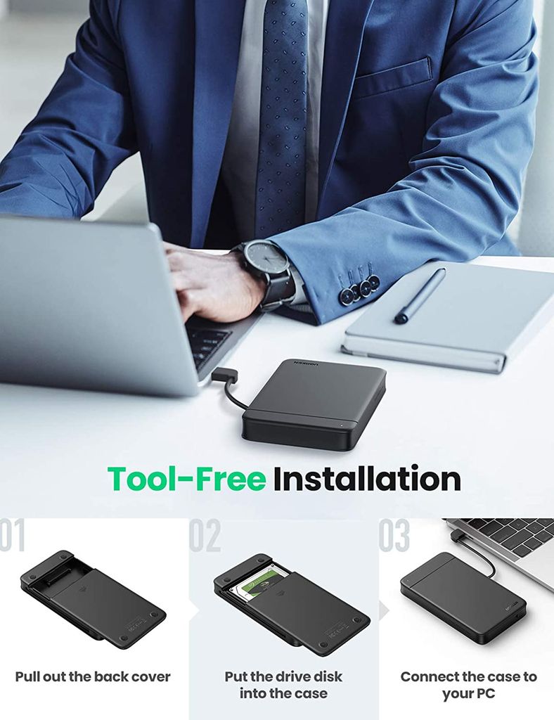 Hộp đựng ổ cứng di động SSD và HDD 2,5 inch UGREEN 10904 – Tốc độ truyền 5Gbps, tương thích ngược với USB 2.0 / 1.1