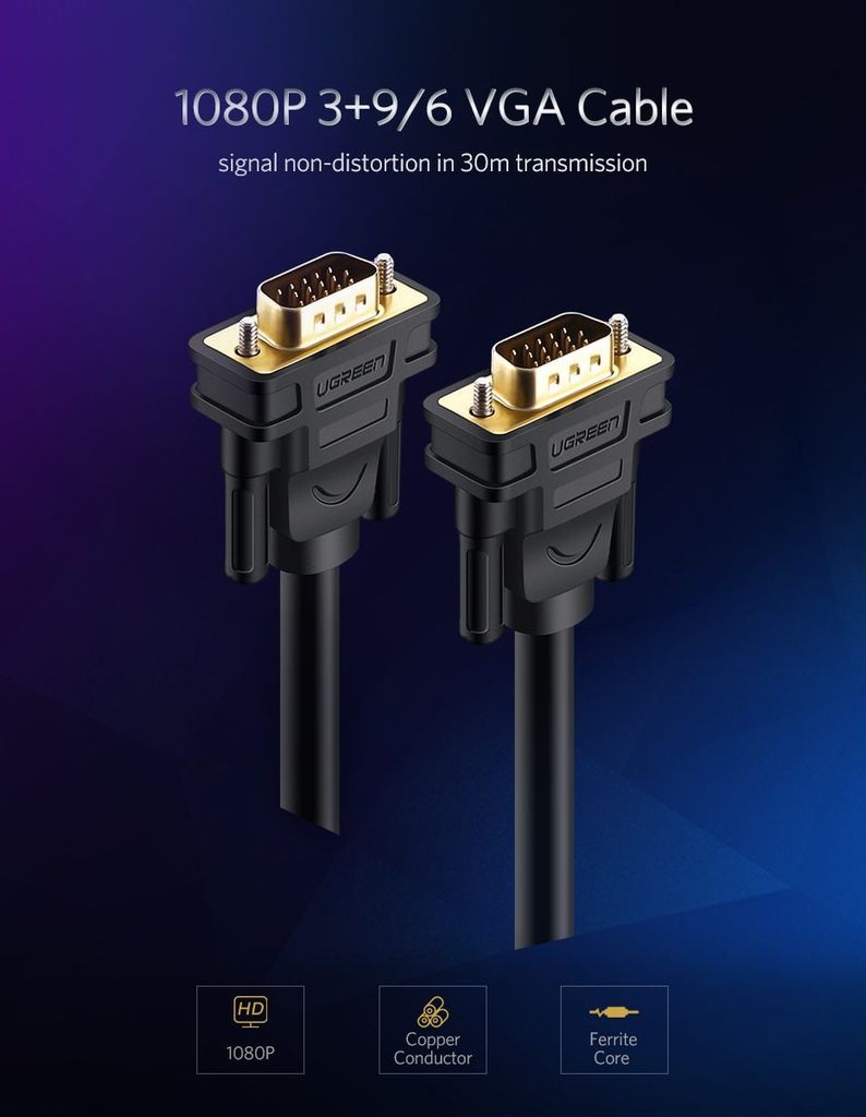 Dây cáp kết nối VGA HDB 15 đực sang HDB 15 đực dài từ 1-30M UGREEN VG101 VG105