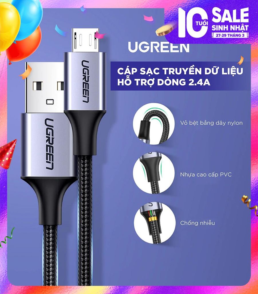 Cáp sạc nhanh Micro USB UGREEN US290 Sạc ổn định 2A – Vỏ sợi bện siêu bền