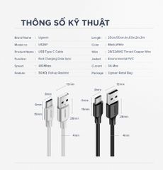 Cáp sạc nhanh Type C UGREEN US287 – Dòng sạc tối đa 3A, tương thích nhiều dòng điện thoại khác nhau