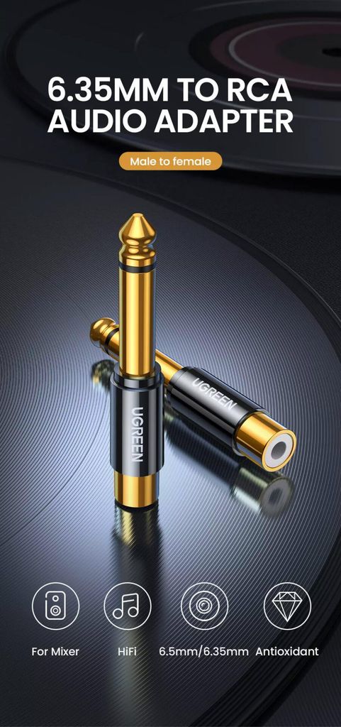 Đầu chuyển âm thanh UGREEN AV169 – Chuyển từ RCA sang 6.5mm – Đầu cáp mạ vàng, chống suy hao tín hiệu –  Hàng phân phối chính hãng – Bảo hành 18 tháng
