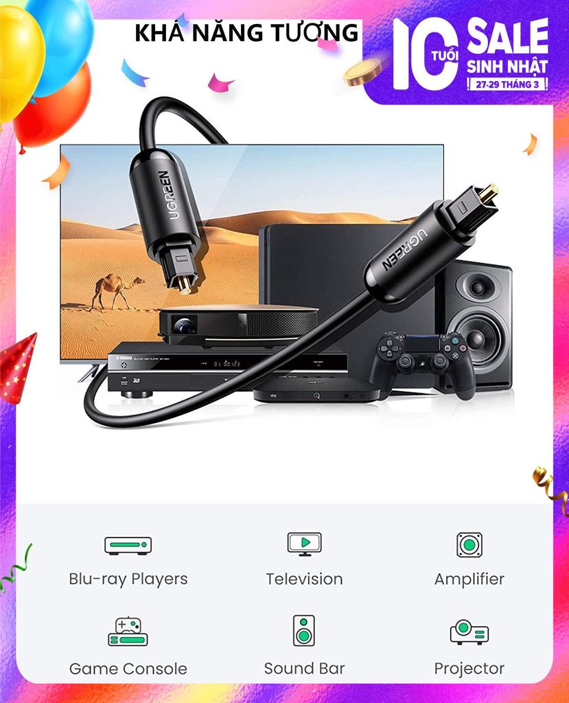 Dây Audio Quang Toslink UGREEN AV122 hỗ trợ âm thanh 5.1 và 7.1