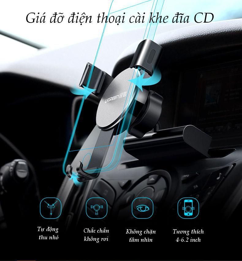 Giá đỡ điện thoại UGREEN LP144 – Kẹp khe đĩa CD trên ô tô – Tương thích màn hình kích thước từ 4-6.2 inch, chất liệu hợp kim nhôm