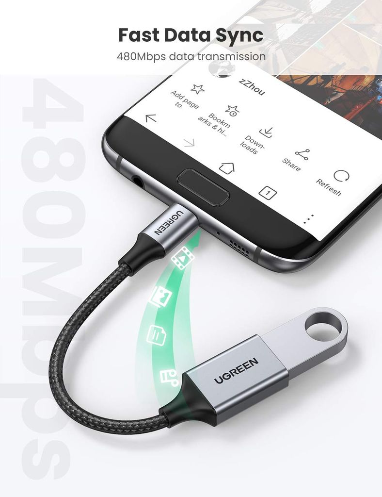 Cáp OTG UGREEN 30895 Chuyển USB2.0 sang Micro USB 2.0 – Dây bện nylon chắc chắn