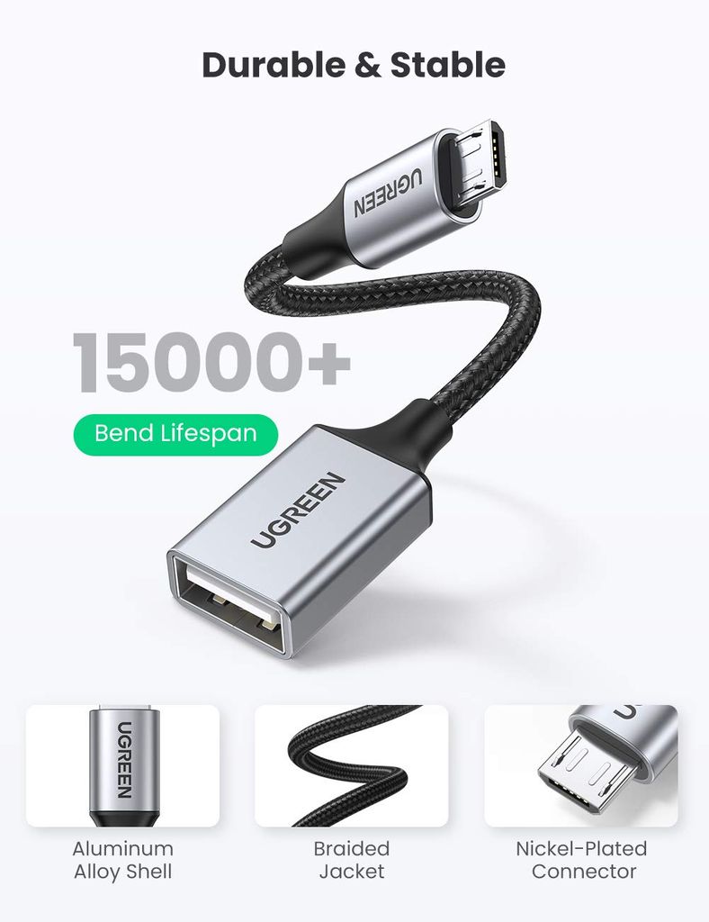 Cáp OTG UGREEN 30895 Chuyển USB2.0 sang Micro USB 2.0 – Dây bện nylon chắc chắn