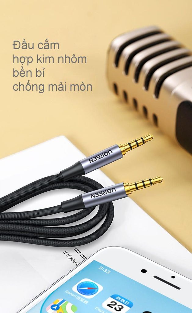 Dây âm thanh 3.5mm UGREEN AV183 – 2 đầu giắt kết nối mạ vàng, vỏ bện vải mềm mại, dài 1.5m