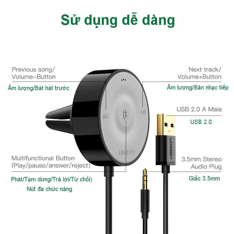 Bộ nhận Bluetooth 4.2 UGREEN CM125 – Sử dụng trên xe hơi hỗ trợ công nghệ chuẩn âm thanh aptX