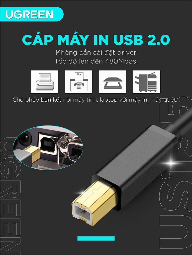 Dây cáp máy in Ugreen US135 chuyển từ USB-A sang USB-B đầu mạ vàng, lõi đồng, cắm là chạy