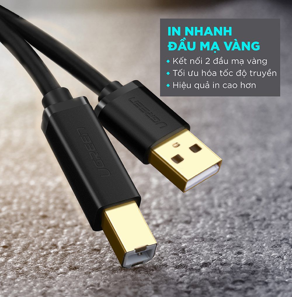 Dây cáp máy in Ugreen US135 chuyển từ USB-A sang USB-B đầu mạ vàng, lõi đồng, cắm là chạy