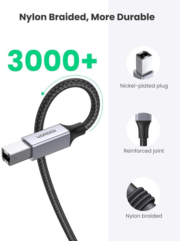 Cáp máy in USB A sang USB B UGREEN US369 – Tốc độ truyền tải 480Mbps – Sử dụng rộng rãi cho máy Fax máy in…