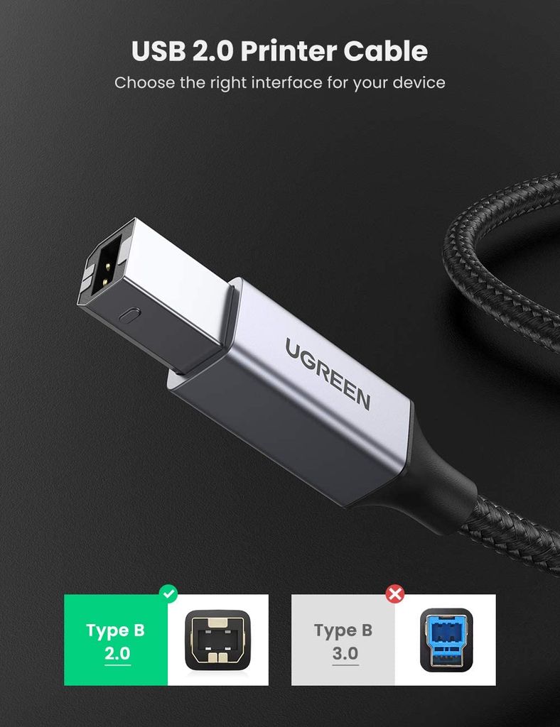 Cáp máy in USB A sang USB B UGREEN US369 – Tốc độ truyền tải 480Mbps – Sử dụng rộng rãi cho máy Fax máy in…