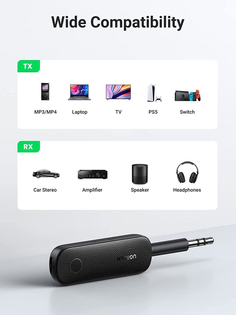 Bộ phát Bluetooth 5.0 Aux UGREEN CM403 – 2 chế độ TX, RX – Kèm nút chấp nhận/ từ chối cuộc gọi