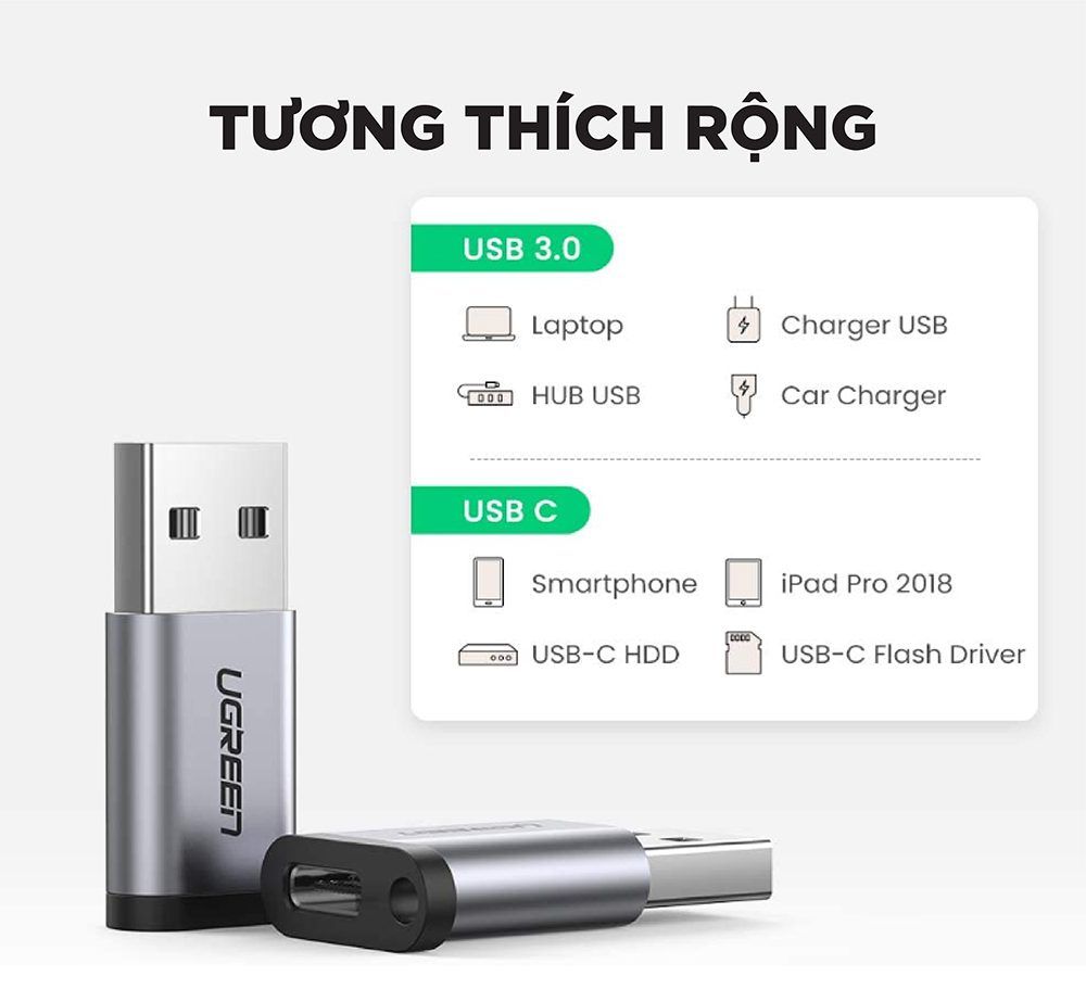 Đầu chuyển Type C sang USB 3.0 UGREEN US204 – Tốc độ truyền lên đến 10Gbps, hỗ trợ tương thích ngược